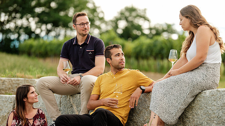 Vier junge Menschen sitzen in der Natur zusammen mit einem Glas Wein.