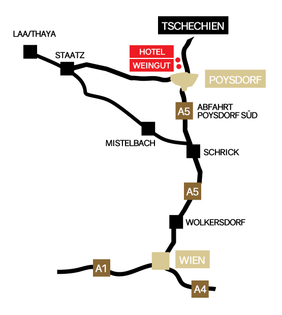 Anfahrtskarte für die Strecke von Wien nach Poysdorf. Eingezeichnet sind das Weingut und das Weinhotel.