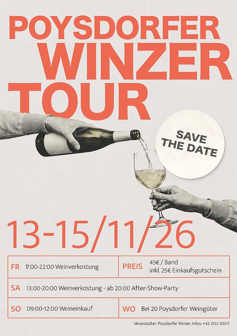 Plakat der Poysdorfer Winzertour, welche von 13. bis 15. November in Poysdorf stattfindet.