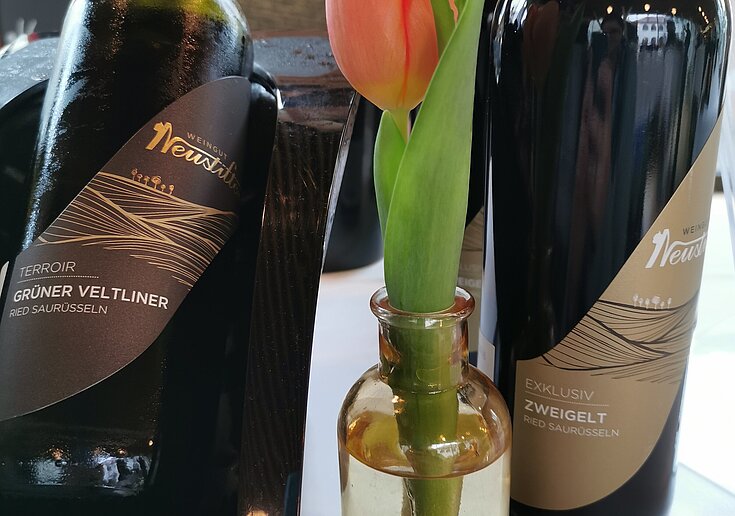 In einem schwarzen, schrägen Weinkühler präsentiert sich der Grüner Veltliner Terroir, daneben steht eine Flasche Zweigelt Exklusiv. Außerdem ist eine kleine Vase mit einer orangen Tulpe zu sehen.