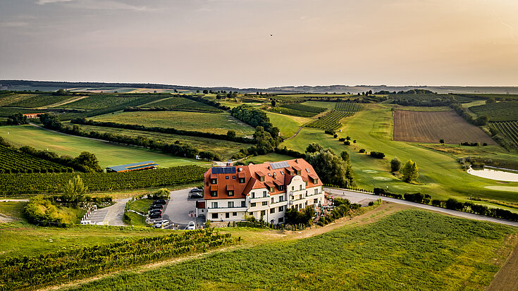 Eine Drohnenaufnahme vom Wein.Hotel Neustifter im Herbst.