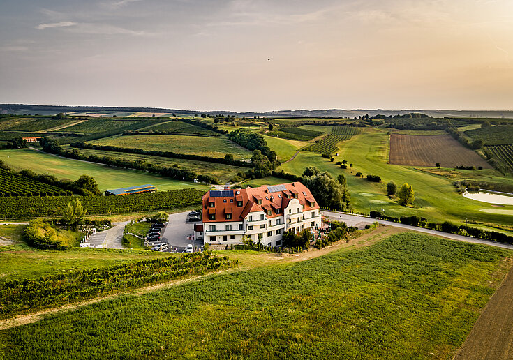 Eine Drohnenaufnahme vom Wein.Hotel Neustifter im Herbst.