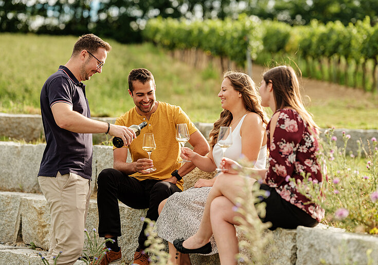 Eine junge Gruppe sitzt in der Natur zusammen und trinkt ein Glas Wein.