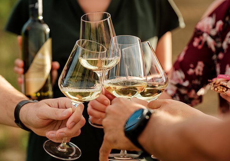 Hände halten Weingläser mit Wein zusammen und stoßen an. Im Hintergrund ist eine Neustifter Weinflasche der Exklusiv-Linie.