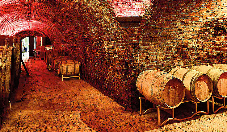 Im Weinkeller vom Wein.Gut Neuistifter stehen viele Große Holzfässer sowie kleine Barriquefässer. Das Licht ist rötlich, so entsteht eine romantische Atmosphäre. An der Decke hängt ein großer Luster.