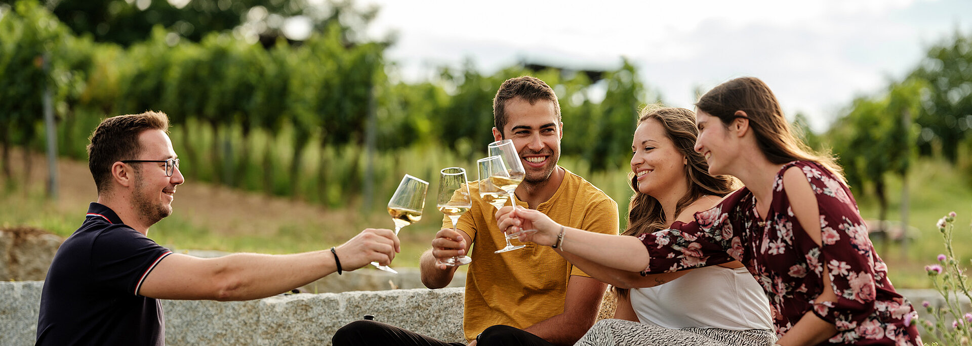 Vier junge Menschen sitzen zusammen und stoßen mit Wein ein. Sie wirken sehr fröhlich.